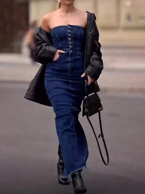 Buy Now one-shoulder dressStrapless Button Denim Dress