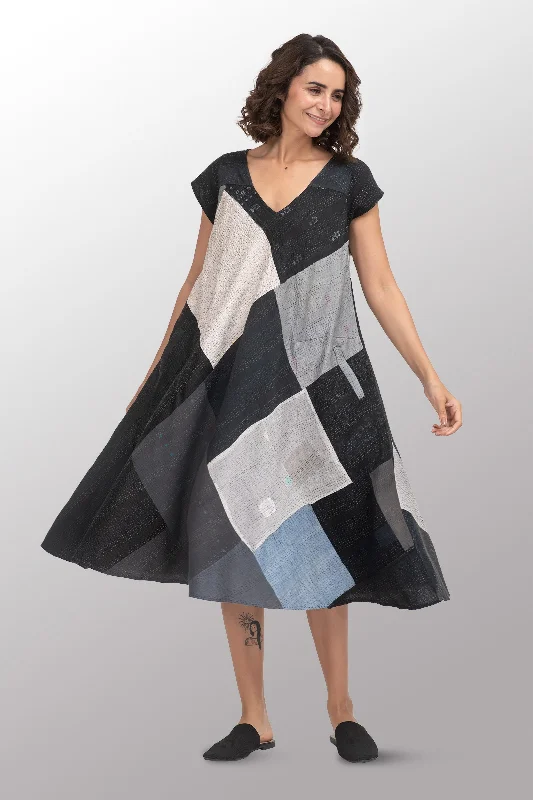 Limited Quantity COTTON SILK SW PATCH OMBRE KANTHA CAP SLV. FLARE DRESS - wo2425-blk -