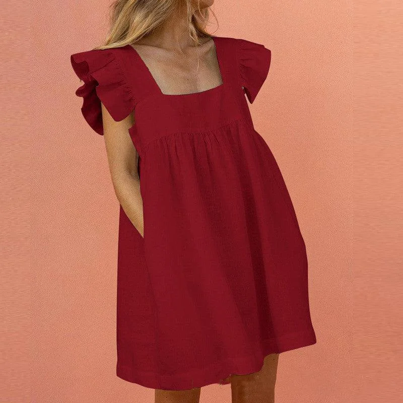 Savings Galore denim dressFlirty Ruffled Mini Dress with Square Neckline