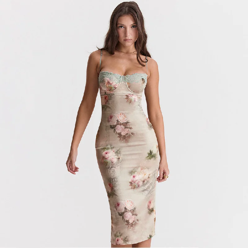 Last Chance casual midi dressKimberly Spaghetti Strap Lace Print Midi Dress