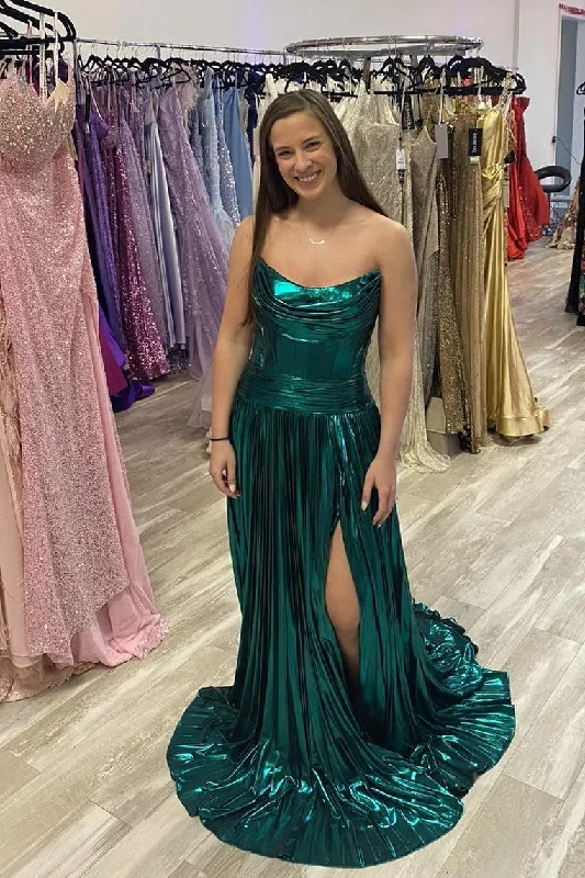 Limited Stock sophisticated dressRuched Strapless Green Metallic A-line Long Formal Dress
