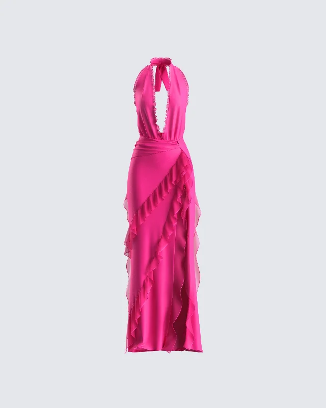 ruched dressNandi Hot Pink Ruffle Maxi Dress