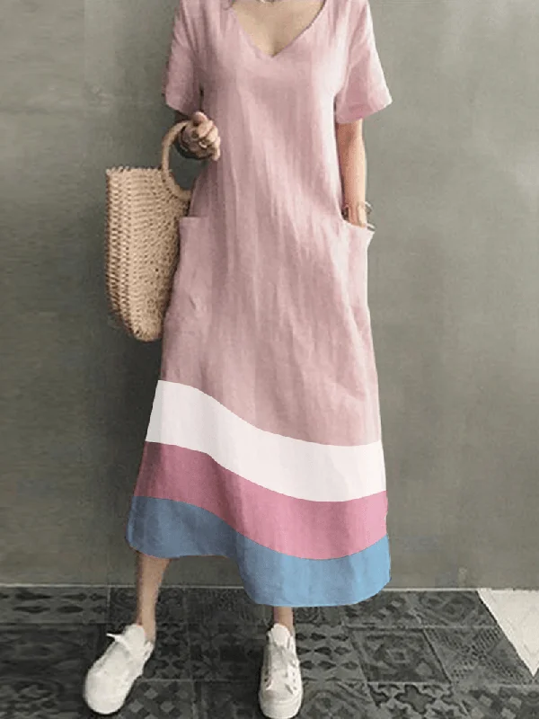 Special Discount layered dressWomen Cotton Contrast Color Stripe Print V-Neck Side Pocket Maxi Dress