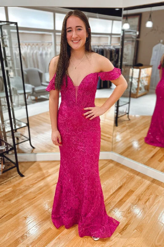 Price Cut spaghetti strap dressFuchsia Plunging Off-Shoulder Mermaid Lace Long Prom Dress