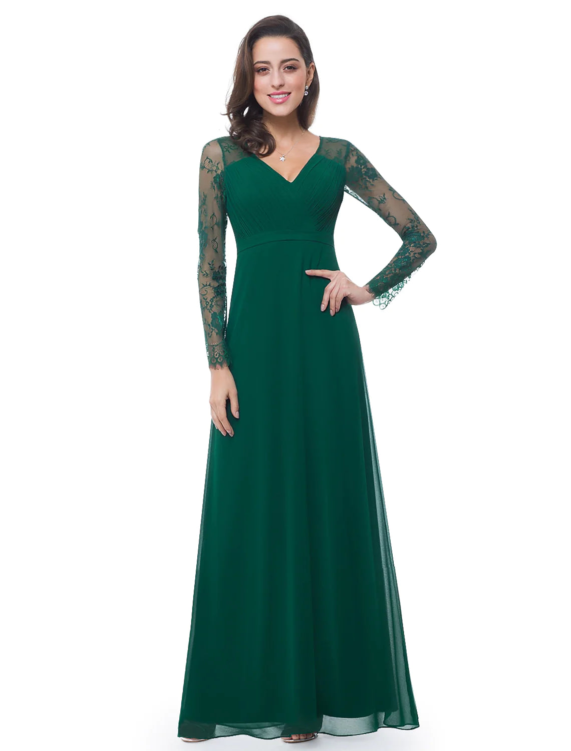 Today Only A-Line Evening Gown Elegant Dress Wedding Guest Floor Length Long Sleeve V Neck Chiffon Ribbon Ruched Lace
