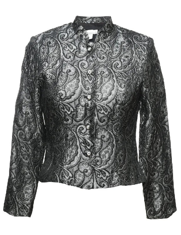 long-sleeve winter jacketDress Barn Black & Silver Metallic Paisley Pattern Evening Jacket - M