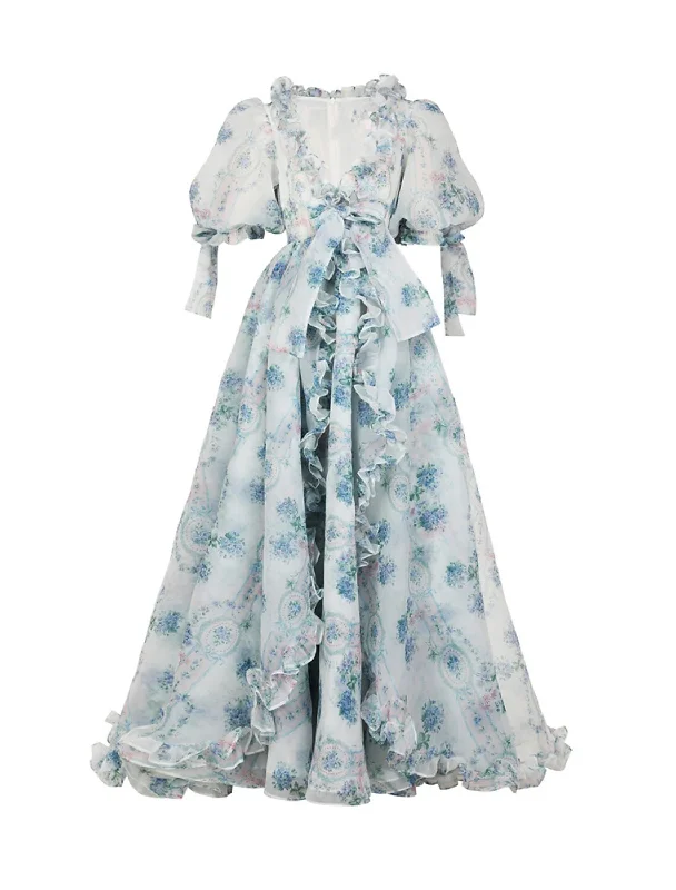 Special Discount A-Line Prom Dresses Floral Dress Party Wear Asymmetrical Half Sleeve V Neck with Print Bow(s)