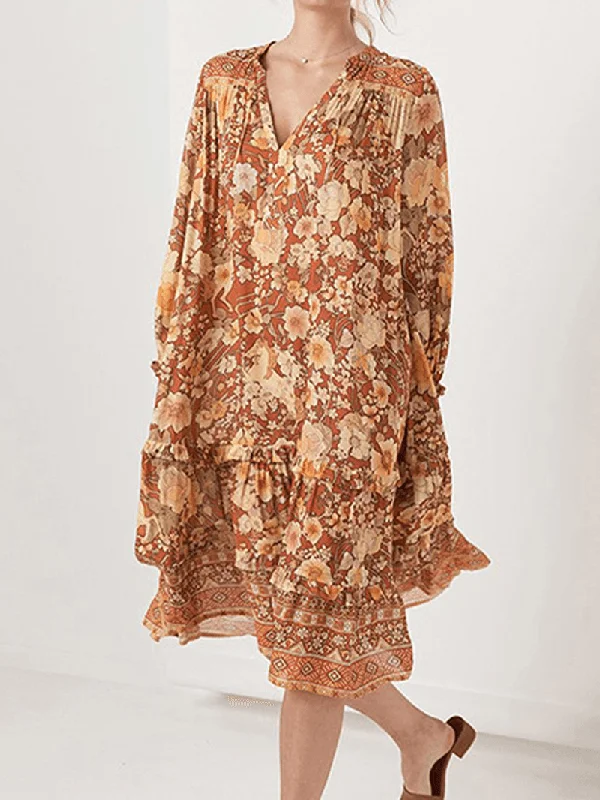 Deal of the Week v-neck dressBohemian Floral Print V-Neck Long Sleeve Mid-Long Dress