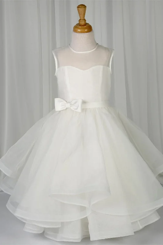 Instant Discount off-the-shoulder dressWhite Illusion Neck Multi-Layers Buttons Long Flower Girl Dress with Bow