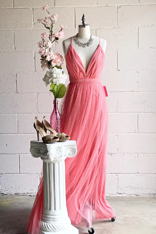 Online Exclusive bohemian dressA-line V-Neck Pleated Tulle Long Bridesmaid Dress with Slit