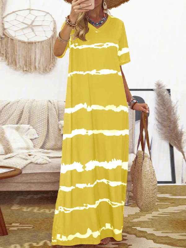 Price Reduction lace dressBohemian Stripe Printed Clash Color Splicing Design V-Neck Dress