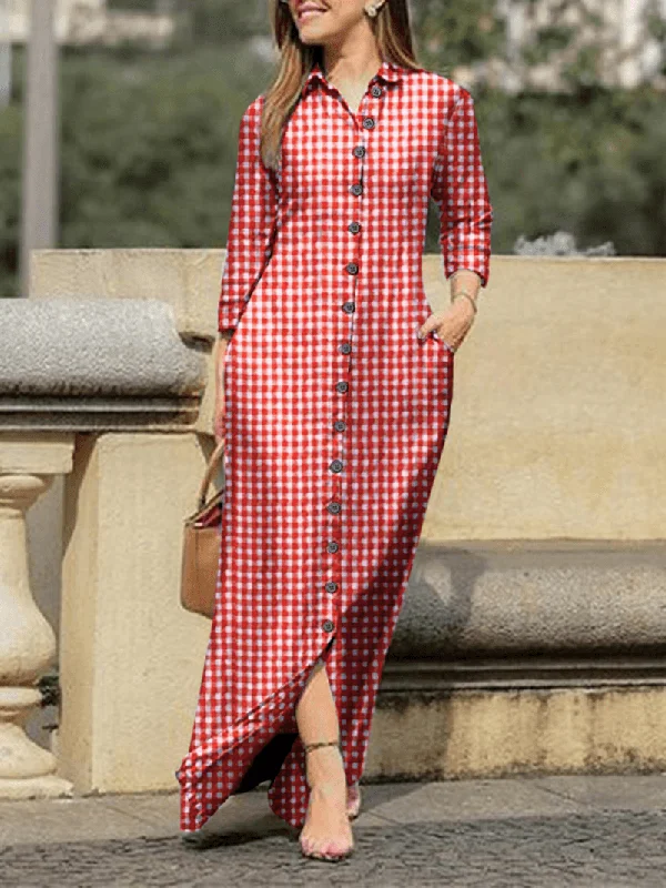 Price Cut flowy maxi dressPlaid Lapel Button Long Sleeve Shirt Dress for Casual and Chic Style