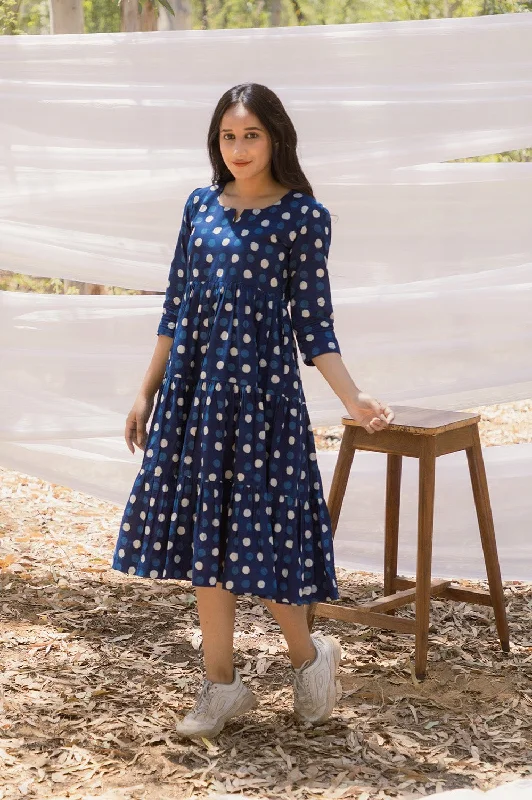 Holiday Sale Round Neck Indigo Polka Graduated Dress