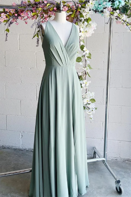 Mega Sale sleek dressLight Green A-line V Neck Pleated Sleeveless Chiffon Long Bridesmaid Dress