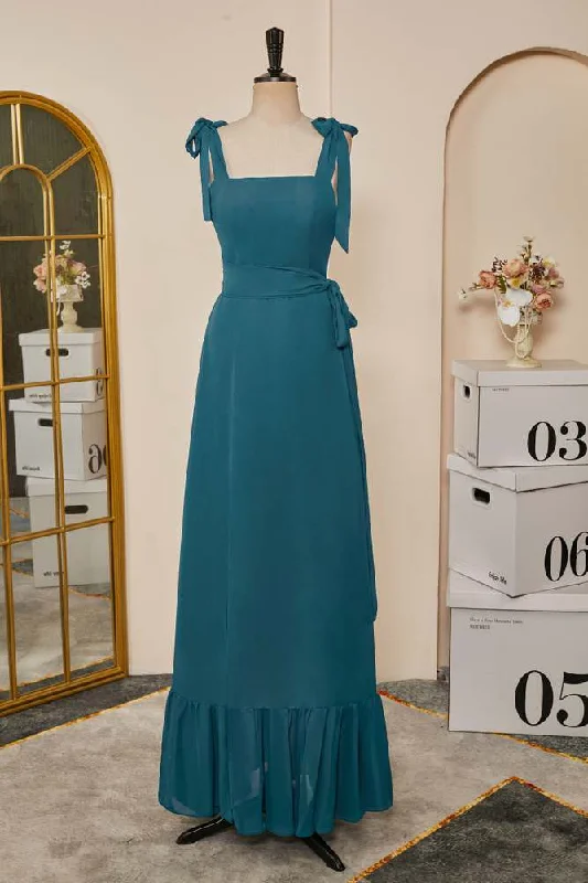 Savings Galore casual knit dressTeal Bow Tie Straps A-line Chiffon Long Bridesmaid Dress with Sash