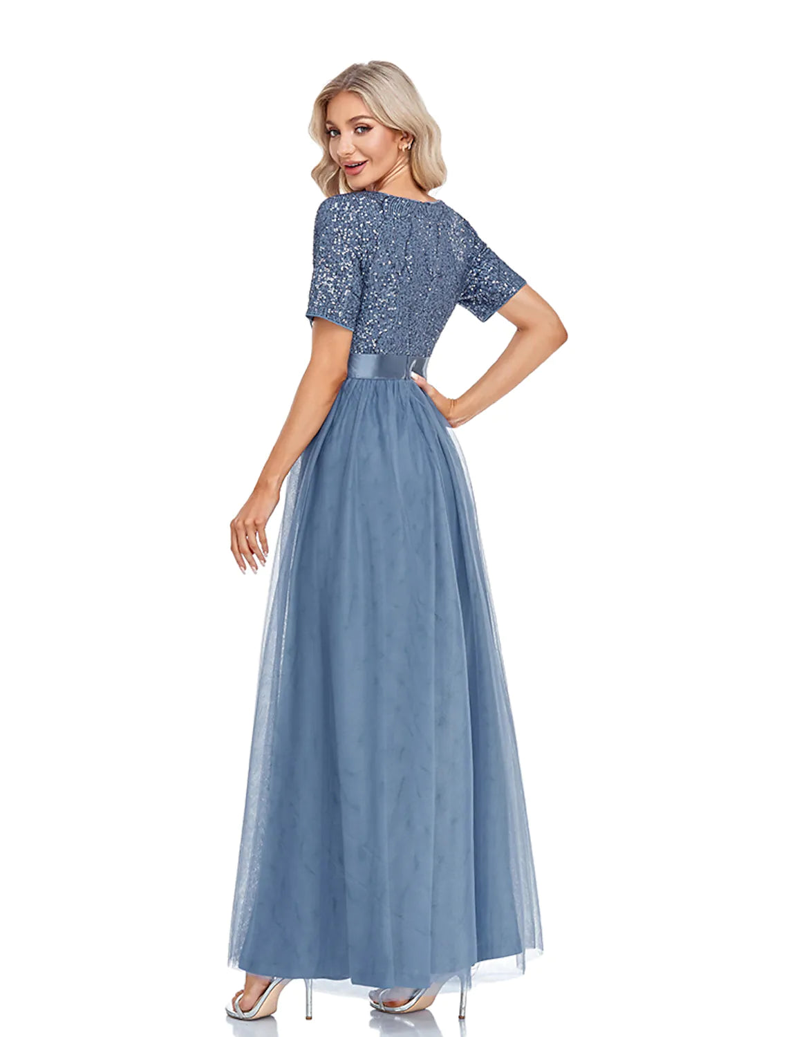 Savings Galore A-Line Evening Gown Elegant Dress Wedding Guest Floor Length Short Sleeve V Neck Tulle with Sequin Splicing