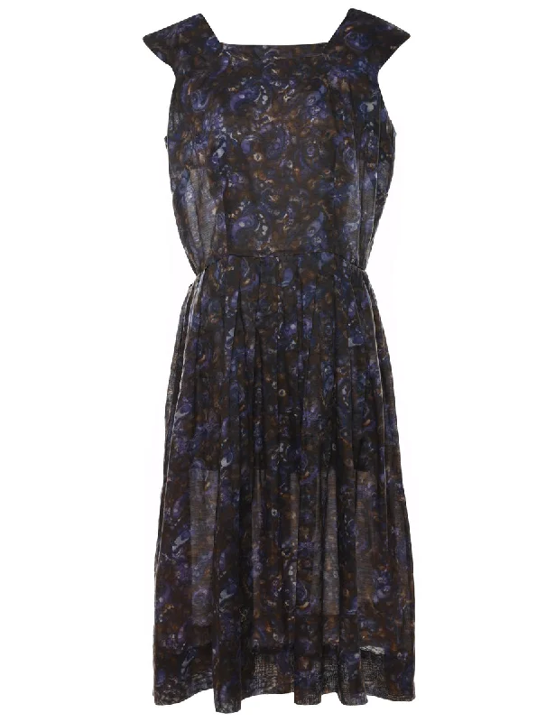 Discount Days fashion-forward coatFloral Print Navy & Brown Pleated Vintage Dress - M