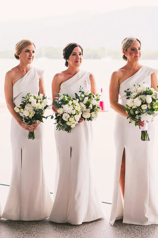 Deal Zone off-the-shoulder dressOne Shoulder Sheath White Bridesmaid Dress with Slit