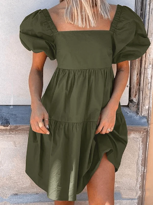Price Meltdown lace-up dressWomen Puff Sleeve Square Collar Pure Color Knee Length Dress with Back Zipper