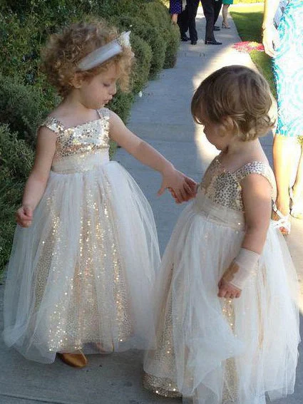 Special Discount chic slip dressCute Ball Gown Sparkly Gold and Ivory Flower Girl Dress