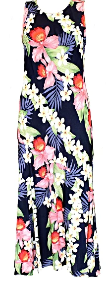 Seasonal Clearance Hawaiian Dress Plumeria Orchid Panel Navy