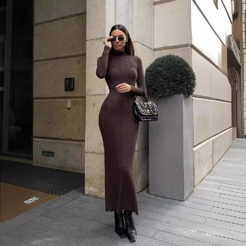Super Sale statement dressKnitted Turtleneck Tight European, American And French Style Elegant Bottoming Striped Dress Sweater