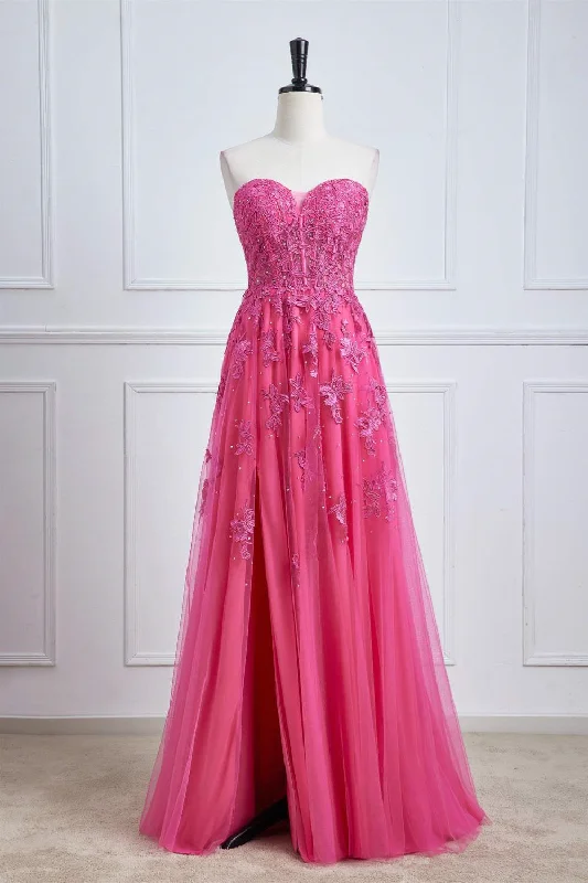 Must-Have Deals lace dressHot Pink Strapless Appliques A-line Long Prom Dress with Slit