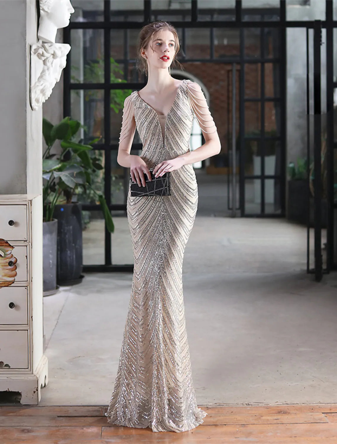 Bargain Bin Evening Gown Sexy Dress Formal Floor Length Sleeveless V Neck Sequined with Tassel Bargain Bin Evening Gown Sexy Dress Formal Floor Length Sleeveless V Neck Sequined with Tassel