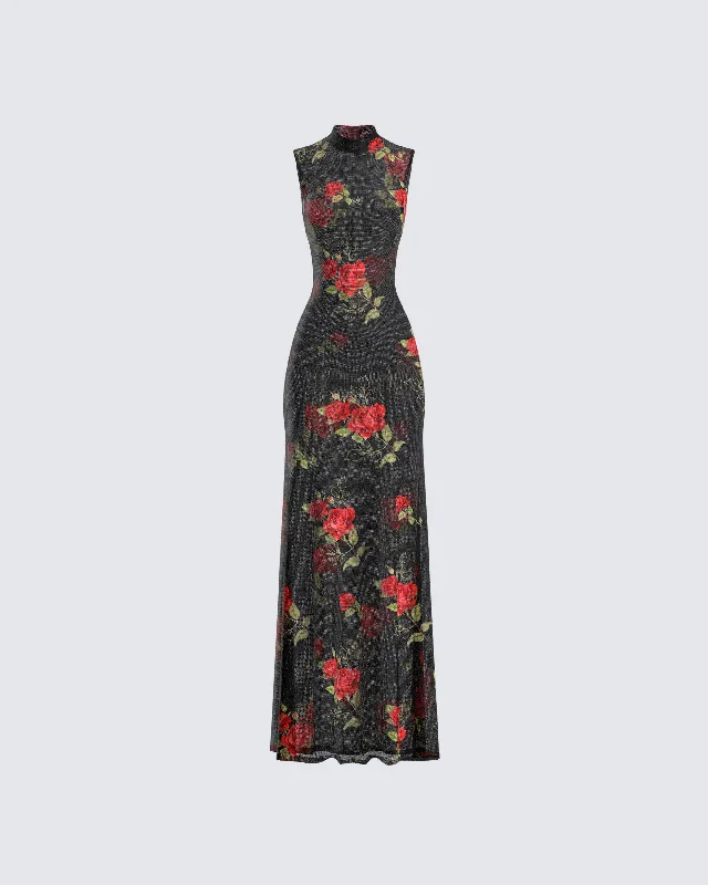 Don't Wait fitted cocktail dressTata Rose Print Mesh Maxi Dress
