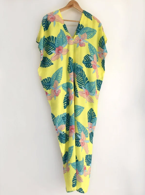 Price Reduction Yellow Palm Print Kaftan Dress