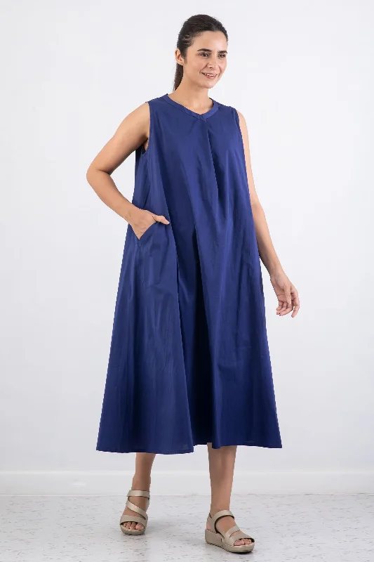Special Offer DYED COTTON SILK HEAVY VOILE WAVY BAND COLLAR MAXI DRESS - dh1439-blu -