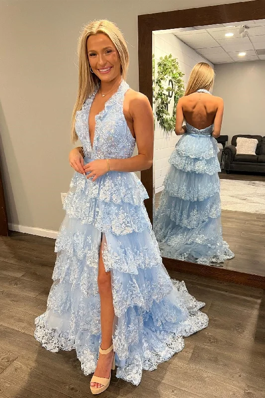 Sale Event knit dressLight Blue Halter Layers Sequined Floral Long Prom Dress with Slit