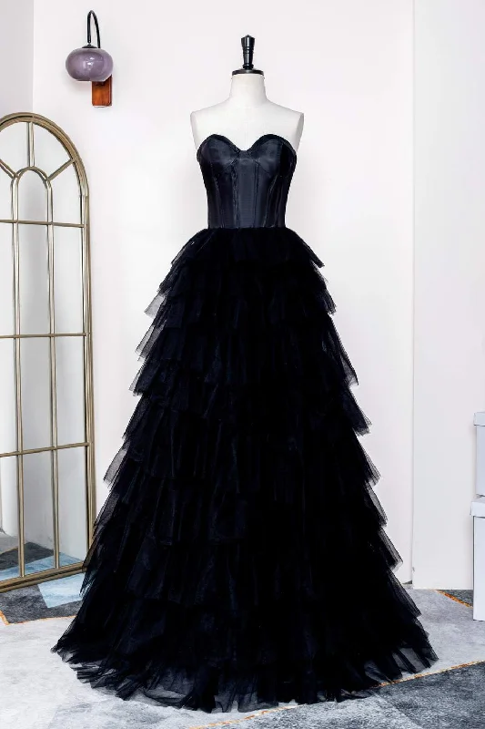 Price Slash evening dressBlack Strapless Leather Top Layers Long Prom Dress
