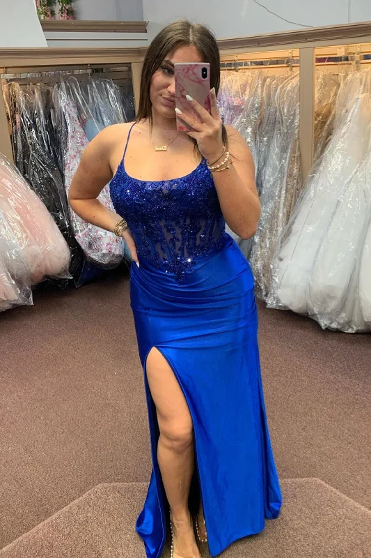 Closeout lace-up dressRoyal Blue Lace-Up Floral Mermaid Satin Long Prom Dress with Slit