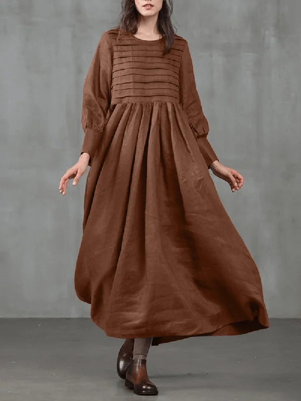 Midnight Madness trendy mini dressVintage Puff Sleeve O-Neck Solid Color Side Pocket Pleated Maxi Dress for Women