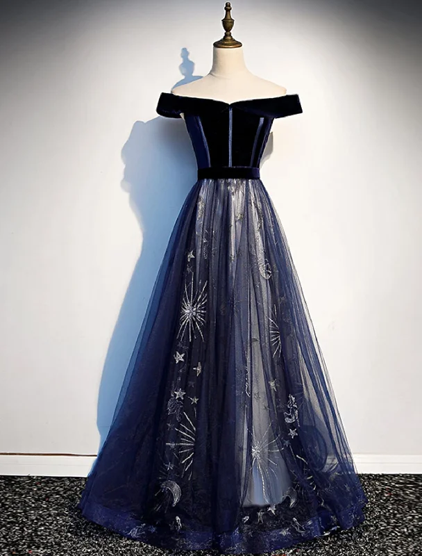 Now or Never A-Line Elegant Floral Prom Formal Evening Dress Off Shoulder Short Sleeve Tulle with Pleats Pattern