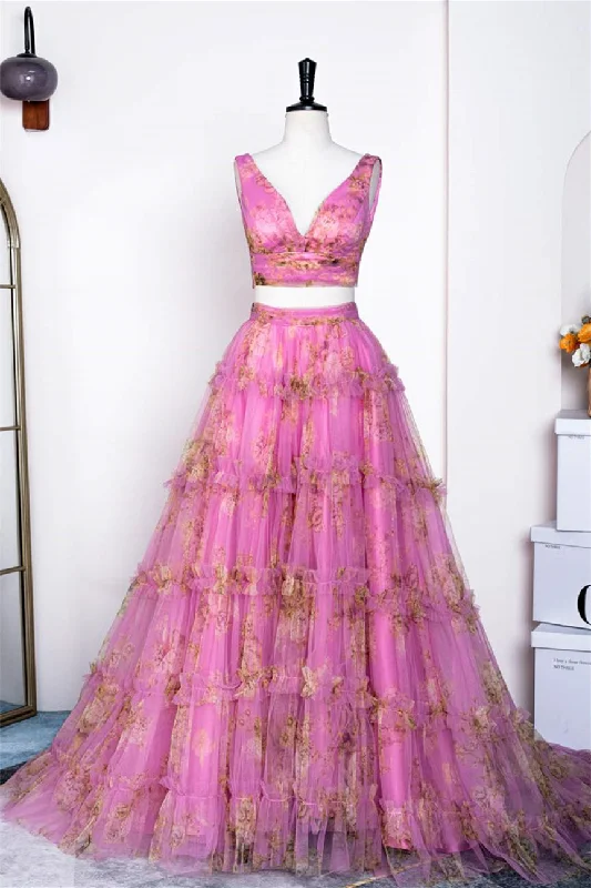 Hot Deal elegant dressPink Floral Two-Piece Ruffled Bow Tie Back A-line Long Prom Dress