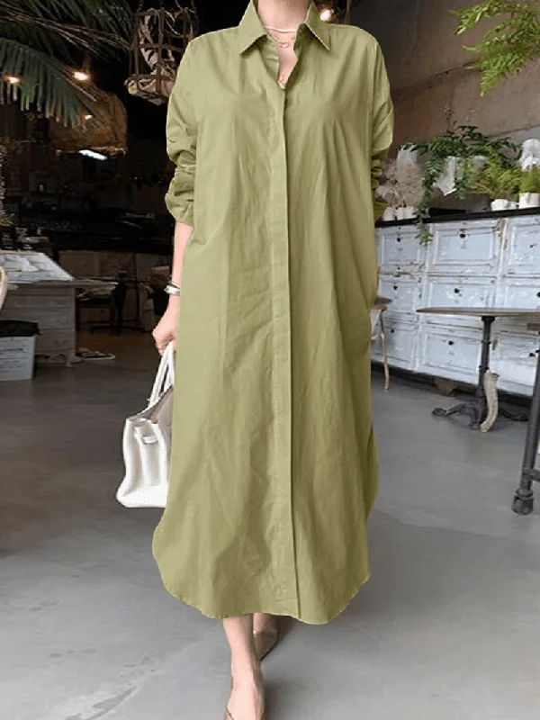 Deal Explosion casual slip dressWomen Brief Style Solid Color Turn-Down Collar Long Sleeve Casual Shirt Dress