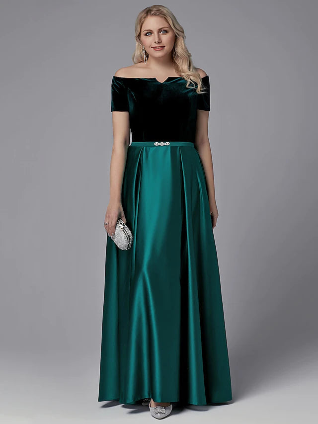 Early Bird Discount A-Line Special Occasion Dresses Elegant Dress Wedding Guest Floor Length Short Sleeve Off Shoulder Satin with Crystals Early Bird Discount A-Line Special Occasion Dresses Elegant Dress Wedding Guest Floor Length Short Sleeve Off Shoulder Satin with Crystals