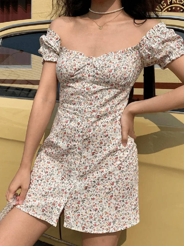 Sale Event draped dressFloral Print Square Neck Button Short Sleeve Mini Dress