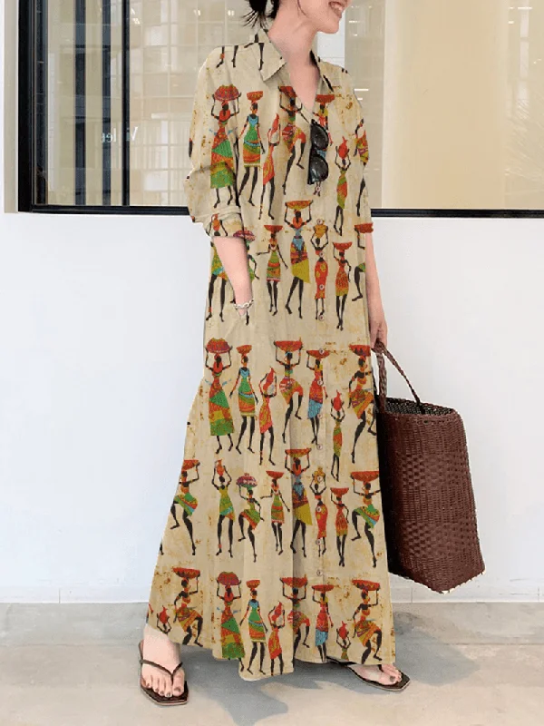 Mega Deal bodycon dressWomen Ethnic Figure Print Lapel Long Sleeve Shirt Maxi Dresses with Pocket Mega Deal bodycon dressWomen Ethnic Figure Print Lapel Long Sleeve Shirt Maxi Dresses with Pocket