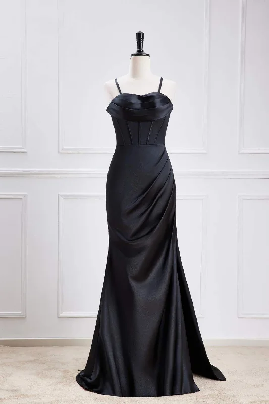 Deal Frenzy formal dressBlack Lace-Up Mermaid Satin Long Bridesmaid Dress with Slit
