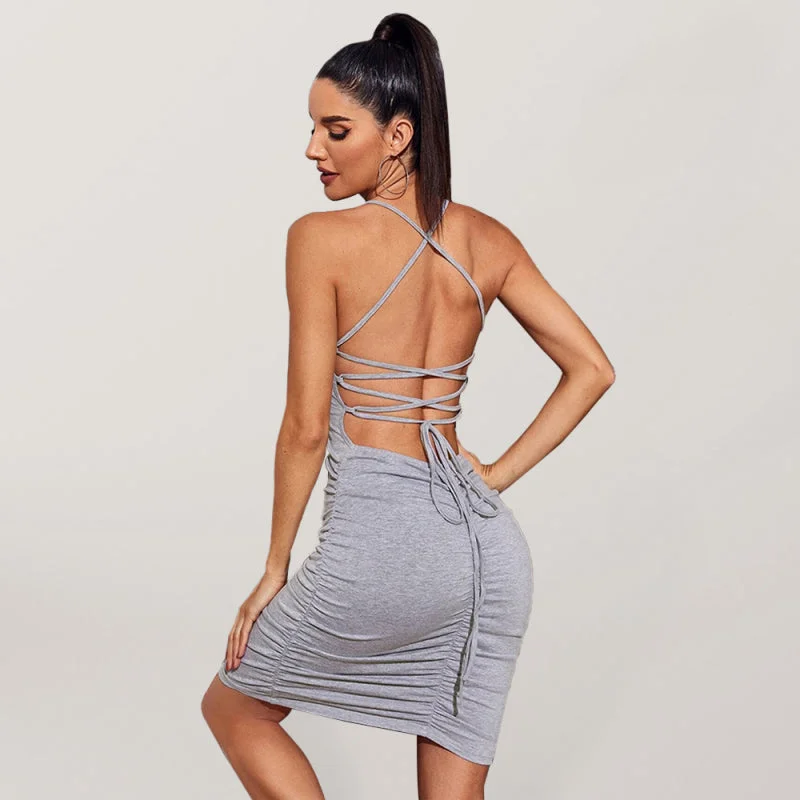 Super Savings romantic dressSexy backless strappy dress shirring slim fit solid color wrap hip skirt