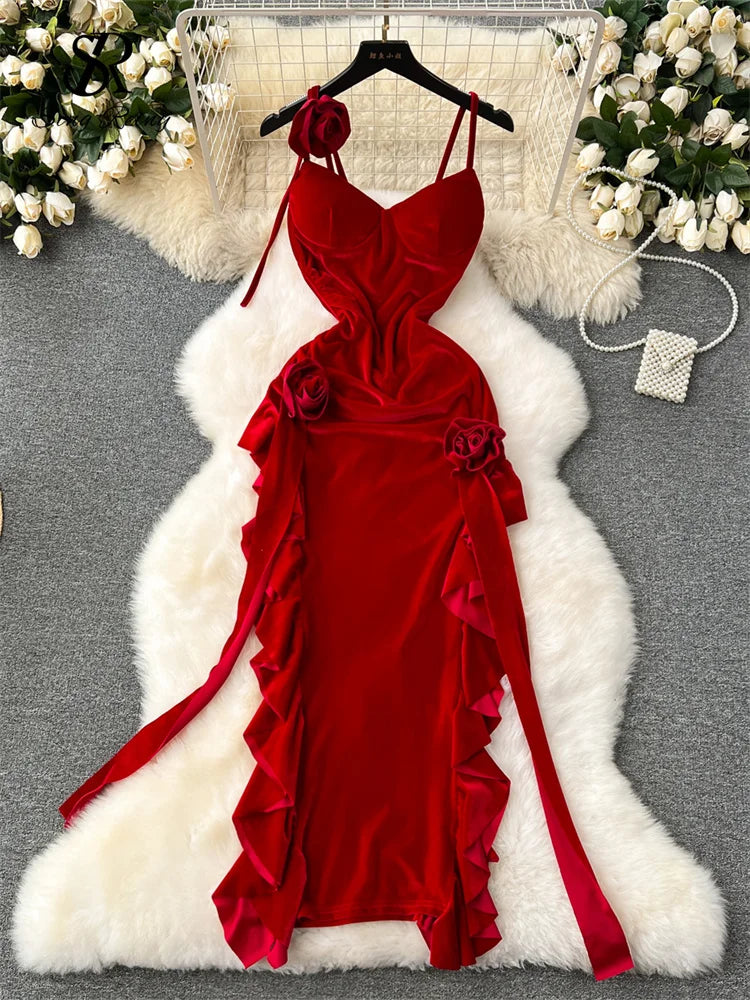 elegant shift dressFrench Retro Velvet Dress Spaghetti Strap Sleeveless 3D Flowers Split Red Evening Party Sexy Dress