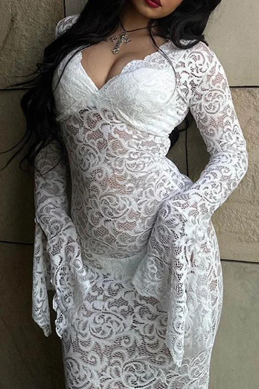 chic wrap dressLace V Neck Flares Sleeve Dress