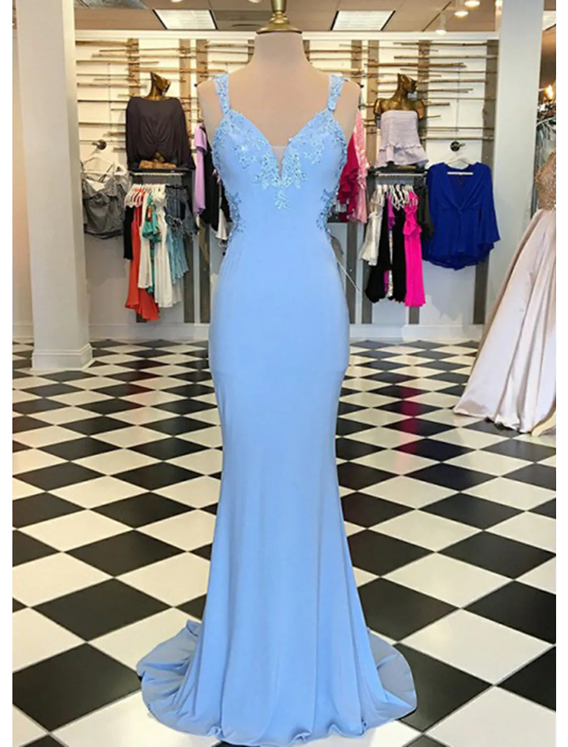 Season Finale Sale Scalloped Neck Sleeveless Sweep Train Elastic Satin Prom Dress With Appliqu