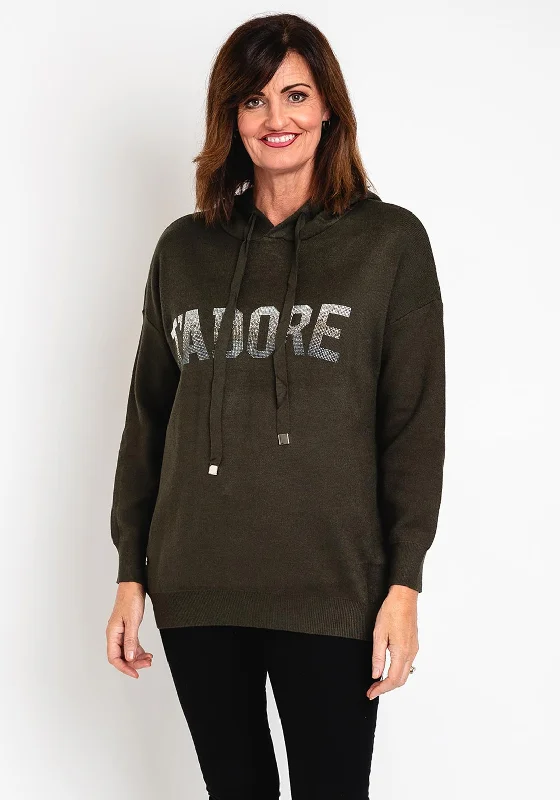 Price Smash performance hoodieperformance hoodieNatalia Collection One Size Embellished Text Knitted Hoodie, Khaki