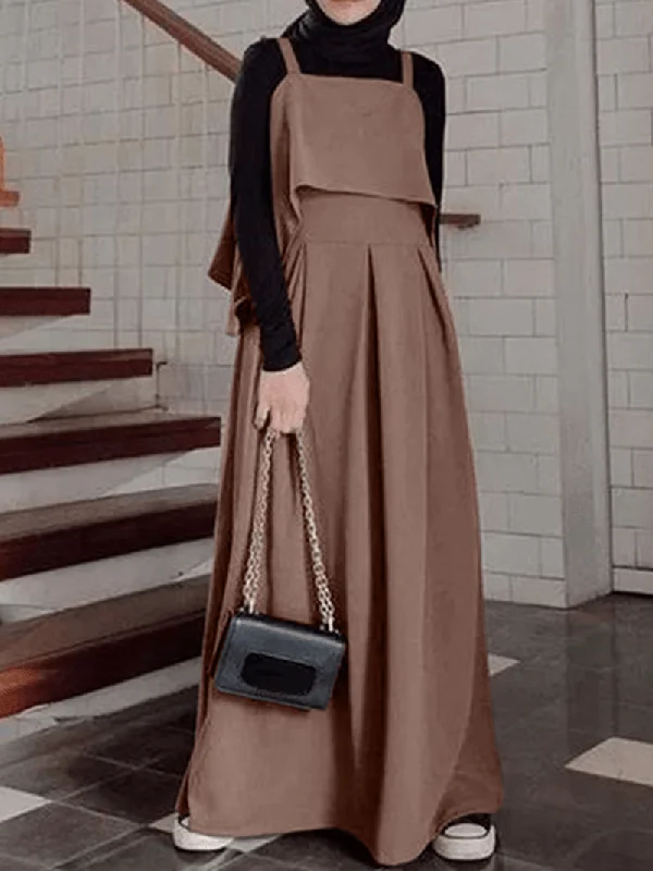 Hurry In puff sleeve dressWomen Solid Color Sleeveless Ruffles Hem Loose Baggy Causal Maxi Dress