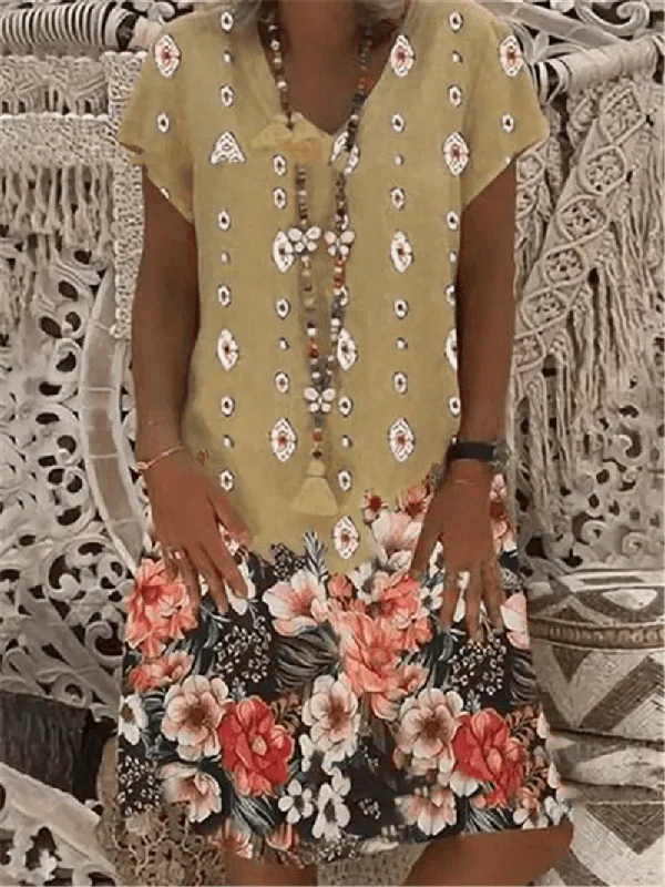 New Deals evening dressWomen Vintage Flower Print V-Neck Short Sleeve Casual Loose Midi Dress