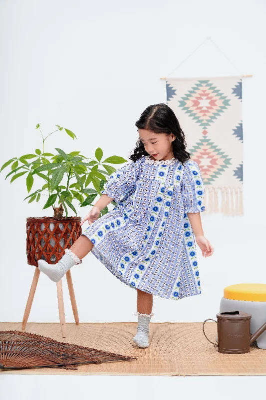 Overstock Sale Flower Puff Sleeve Dress in Blue